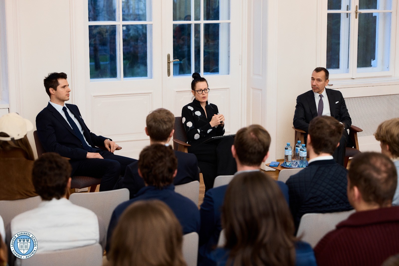 MMag. Gerda Holzinger-Burgstaller, CEO and CFO of Erste Bank Oesterreich talks to LBS students, accompanied by Alexander Zirkler, Executive Director of LBS and Dr. Tamas Csermely, Director of Graduate Studies at LBS