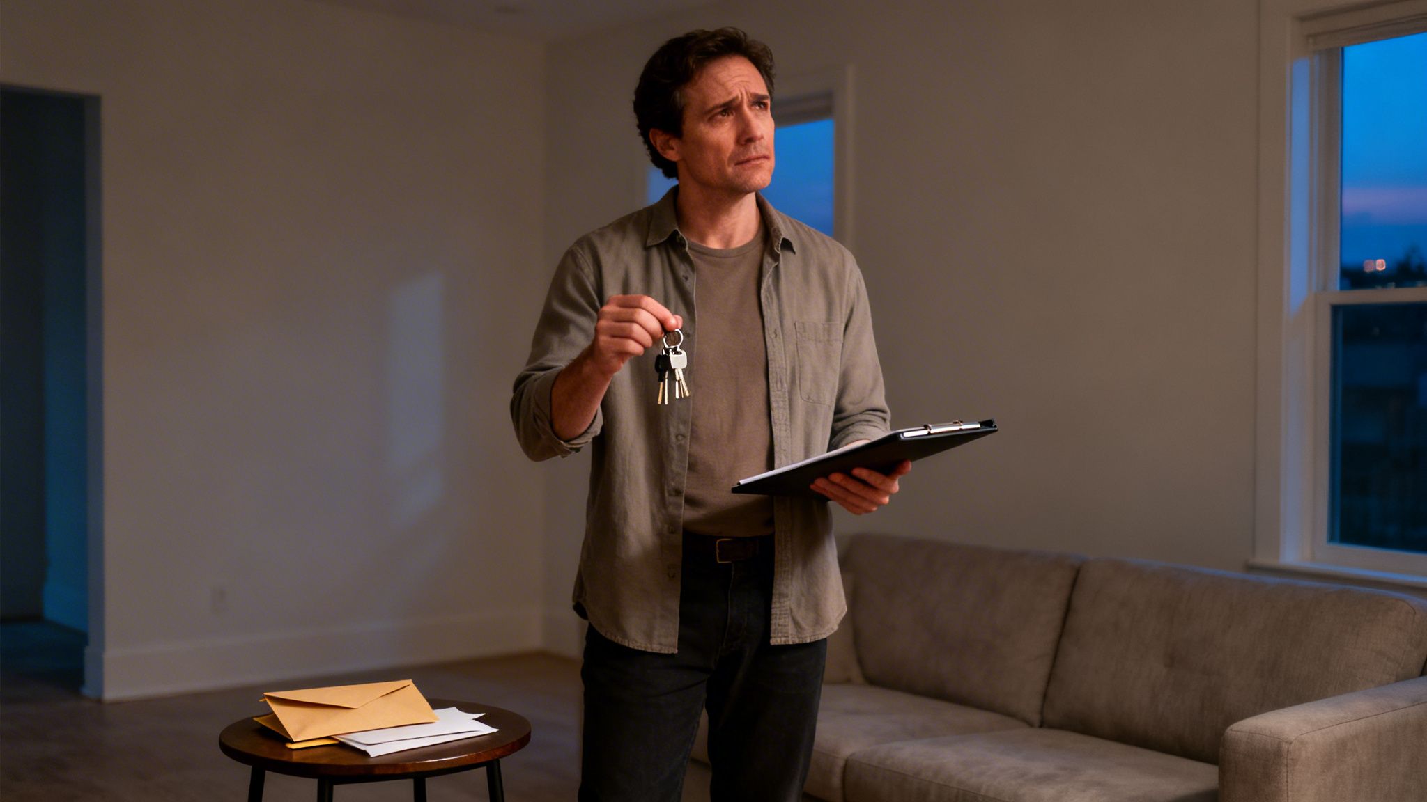 A man holding keys and a clipboard in a new, unfurnished home, looking thoughtful.