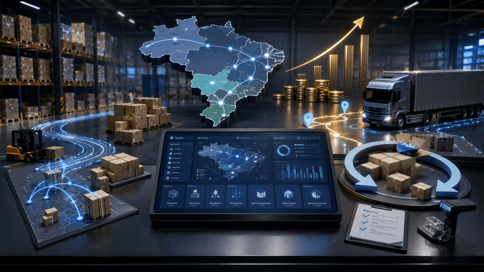 Centro logístico digital em 3D com painel de gestão, mapa do Brasil com rotas conectadas, caminhão de entrega, caixas organizadas, setas de devolução e gráficos financeiros, representando atacado digital com política de frete, pedido mínimo por região e controle de margem.