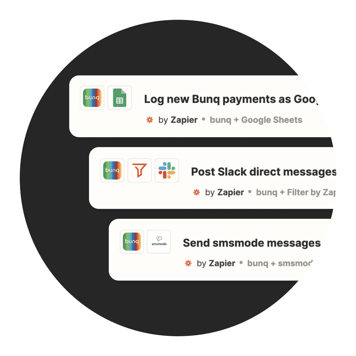 Three conversation threads displayed in a circular format, each with a message and icons next to them.