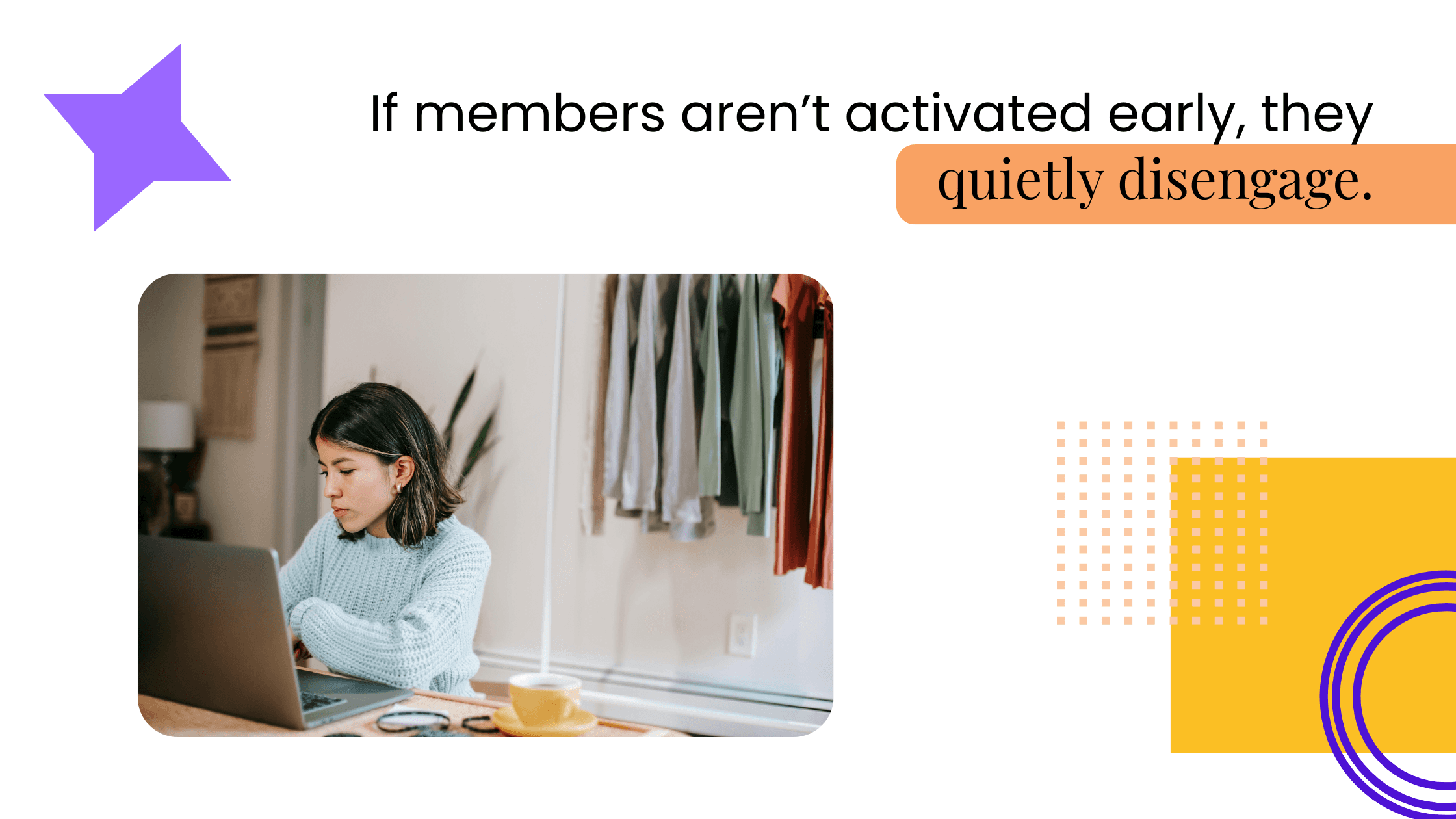 Coach working on a laptop at home, illustrating how members disengage when they are not activated early in a community.