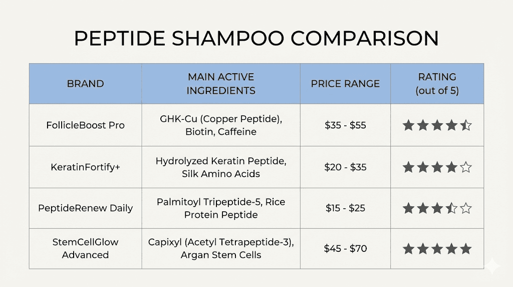 Peptide shampoo product comparison chart with ingredients and pricing