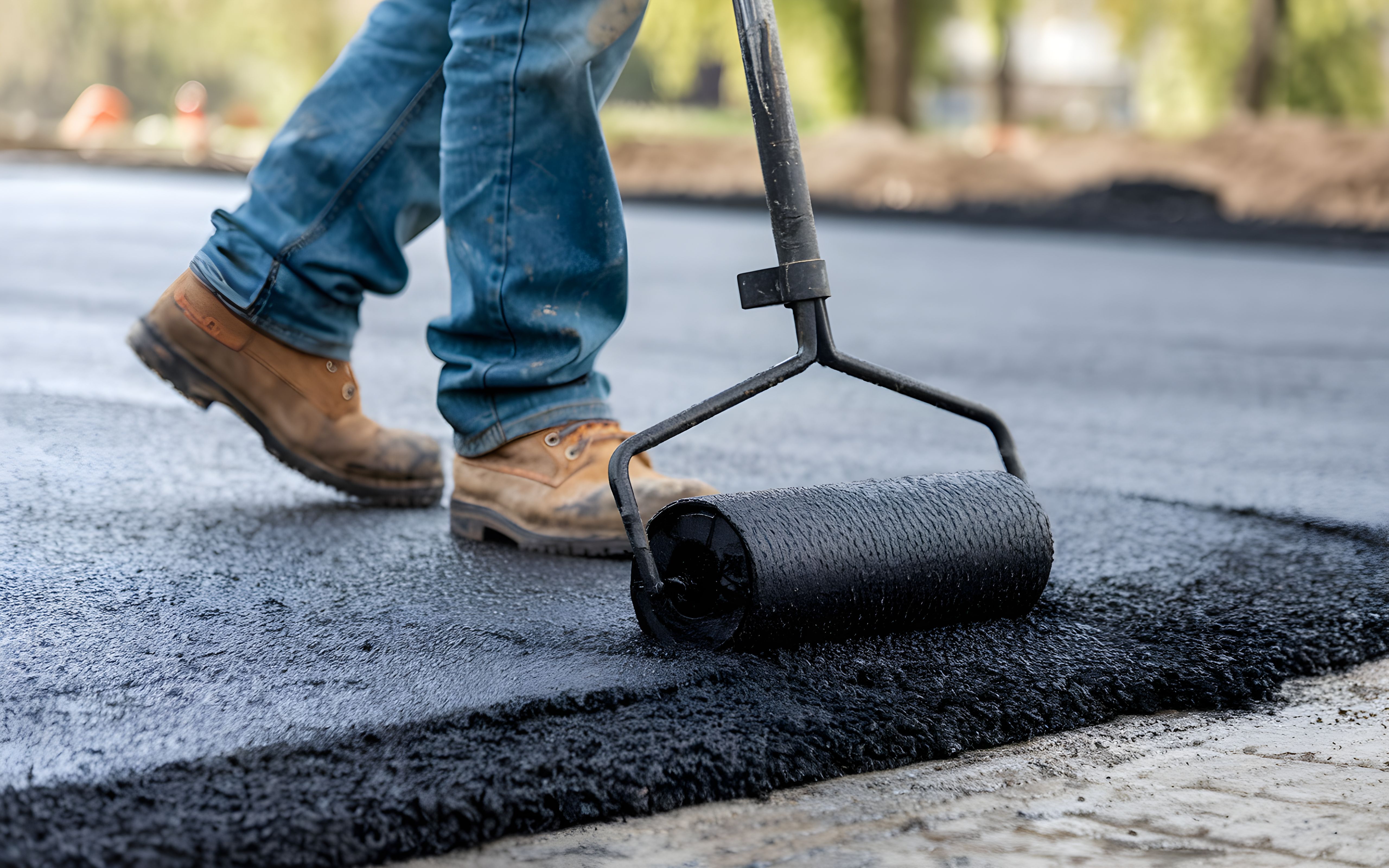 Construction worker is paving a drive way.