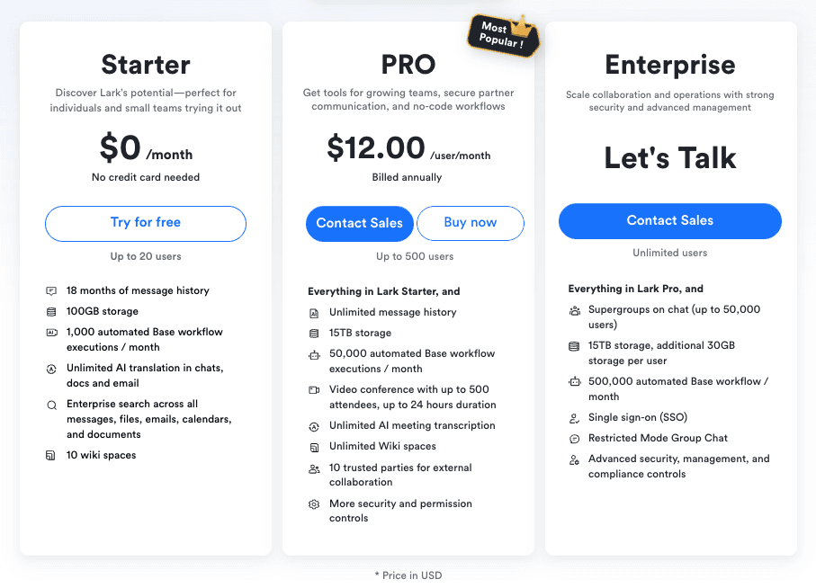 Lark plan comparison table