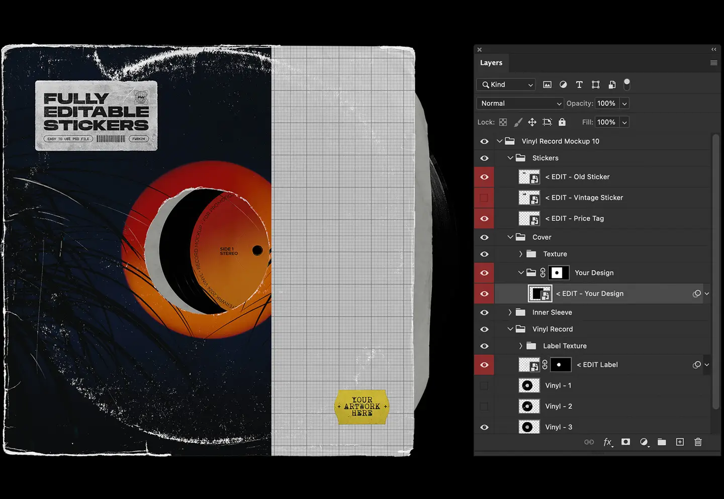 Vinyl record mockup layered Photoshop PSD showing organized smart object layers