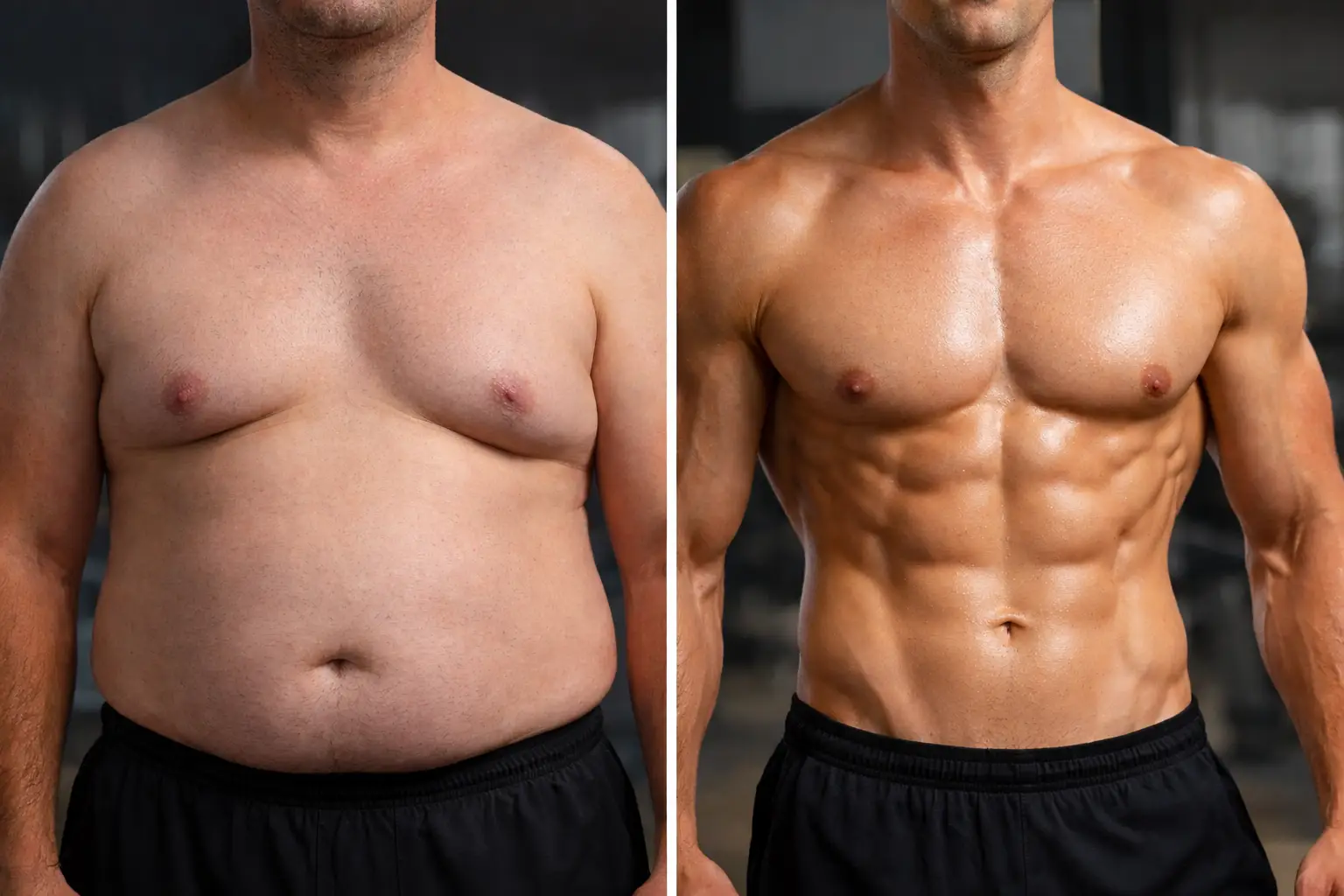 A side-by-side comparison of a man's torso showing a body transformation from overweight to muscular and shredded.