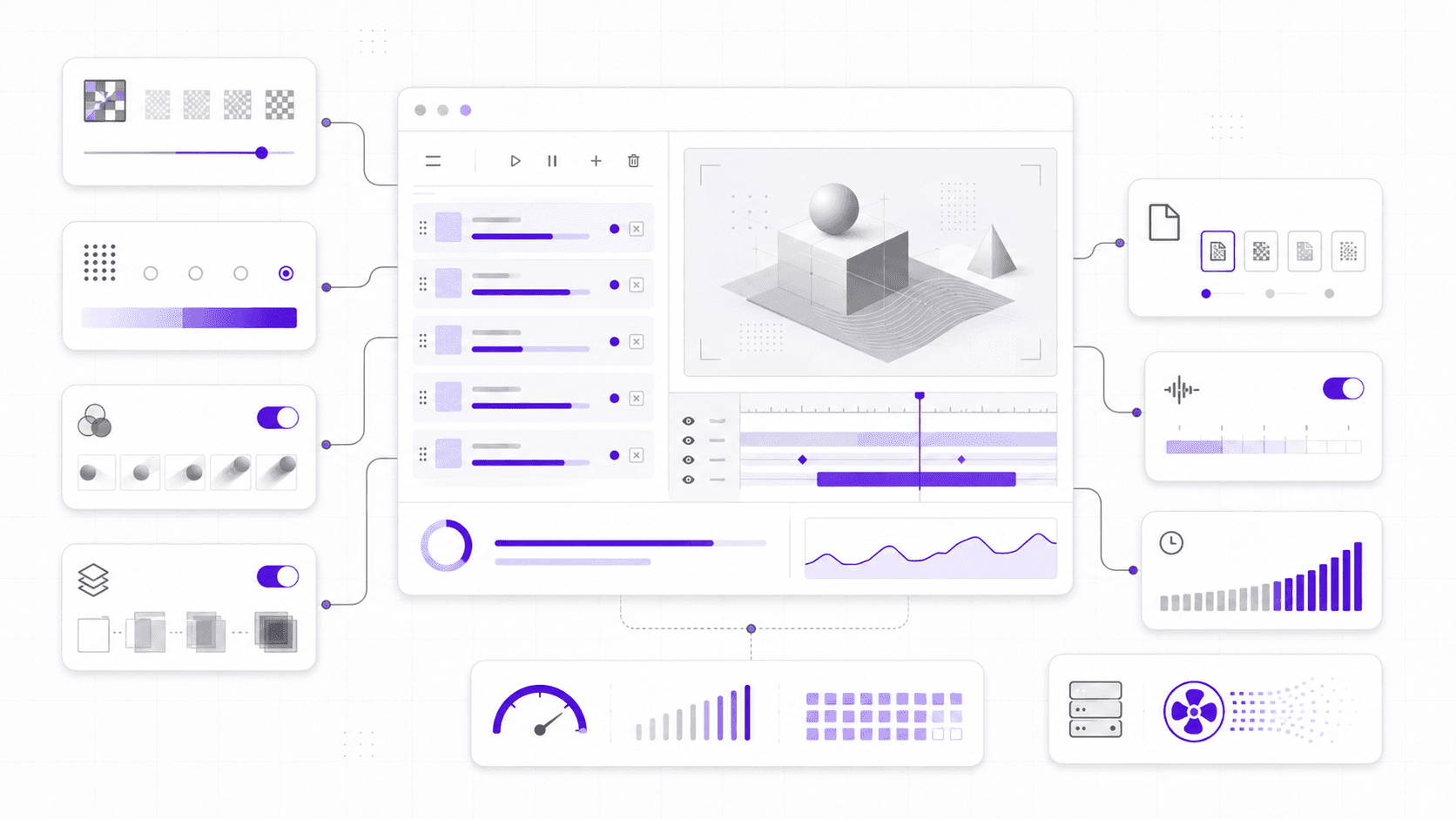 A render settings dashboard illustration showing preview resolution, bit depth, motion blur, frame blending, export format, queue progress, and performance indicators.
