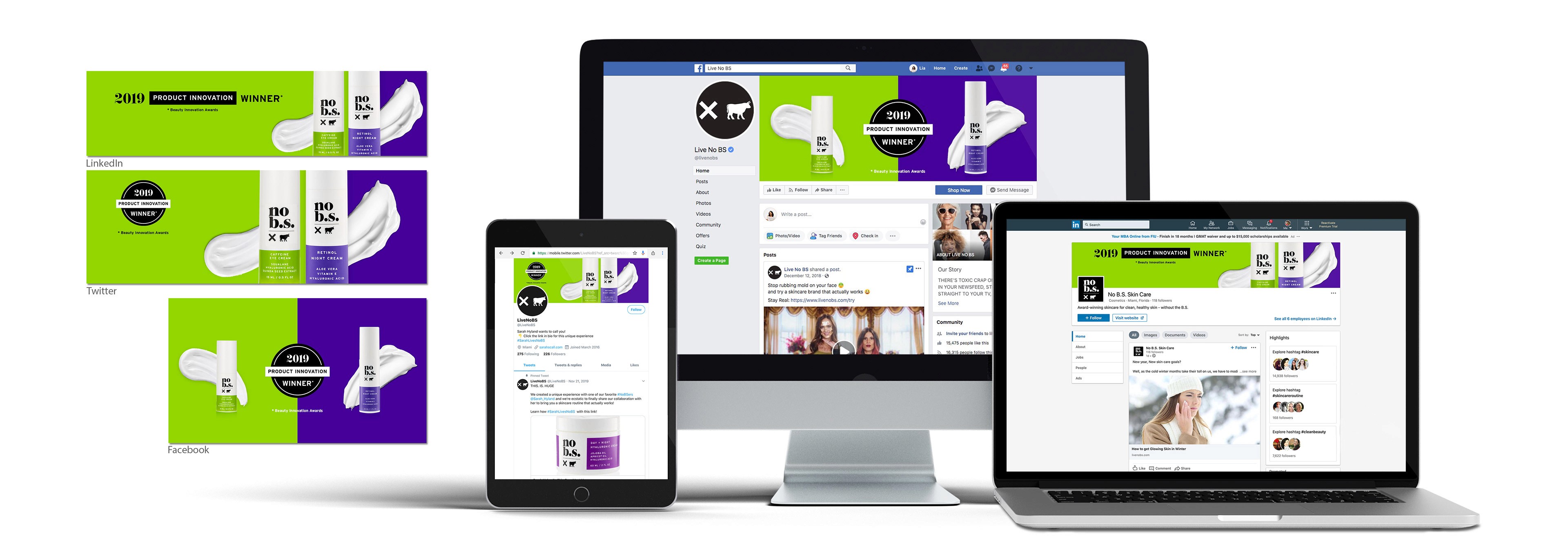 An image showing different social media banners for the Caffeine Eye Cream and the Retinol Night Cream and how they display across different devices.