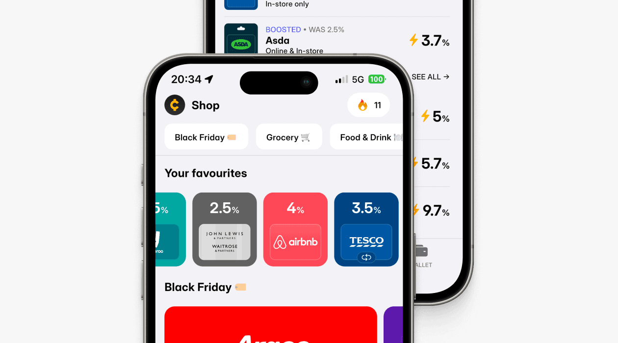 Cheddar app showing cashback rates across different UK retailers