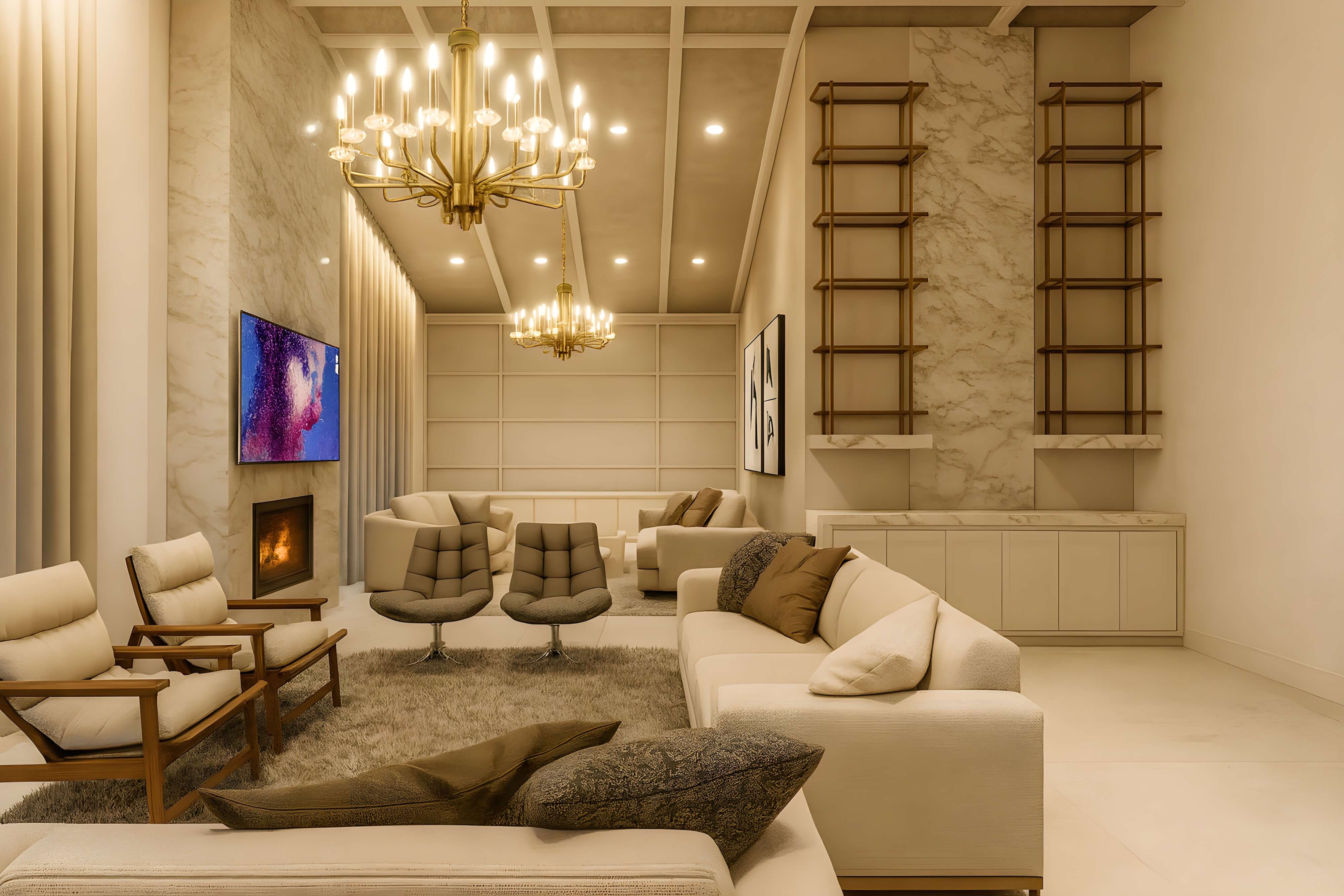 Sophisticated living room featuring plush cream sofas, modern accent chairs, marble fireplace with mounted TV, gold chandeliers, and built-in shelving framed with marble accents.