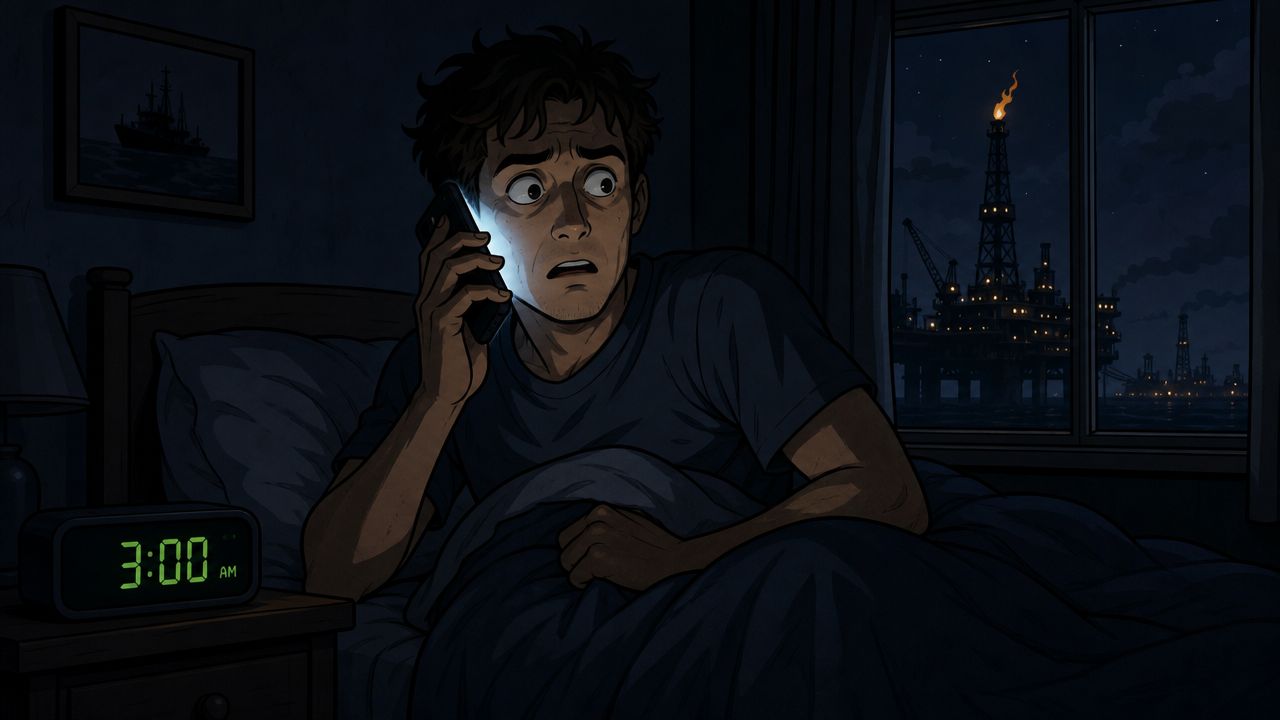 A man wakes up at 3 AM looking distressed while talking on his phone by an oil rig.