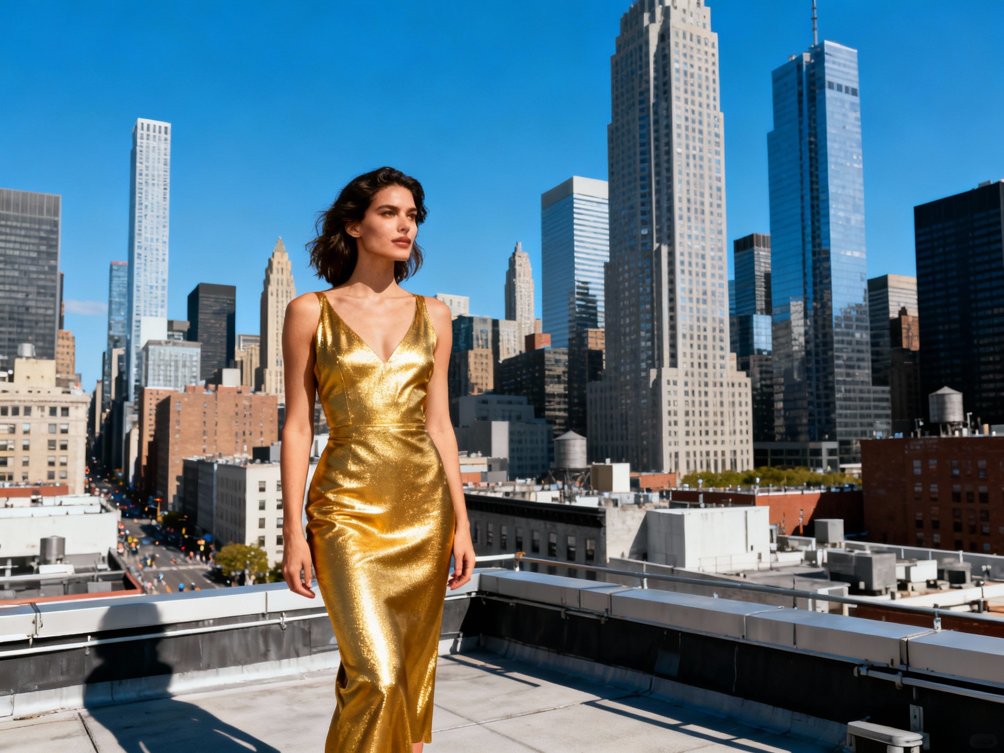 A vibrant frame showing a bustling city rooftop at midday, where a confident woman in a sleek gold