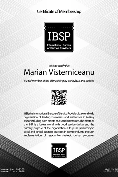 International Bureau of Service Providers (IBSP) membership certificate, Marian Visterniceanu (Marian Vist)