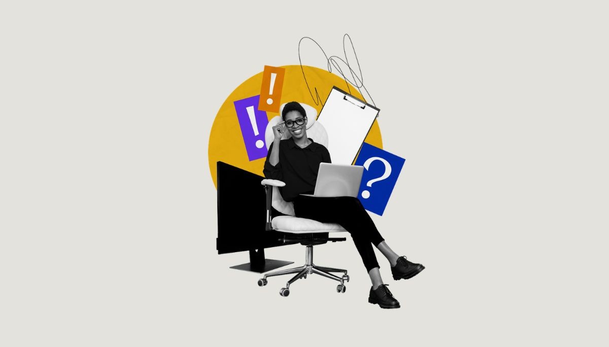 Professional with laptop and question mark and exclamation icons, symbolizing best interview prep tools and simulators to practice before you go.