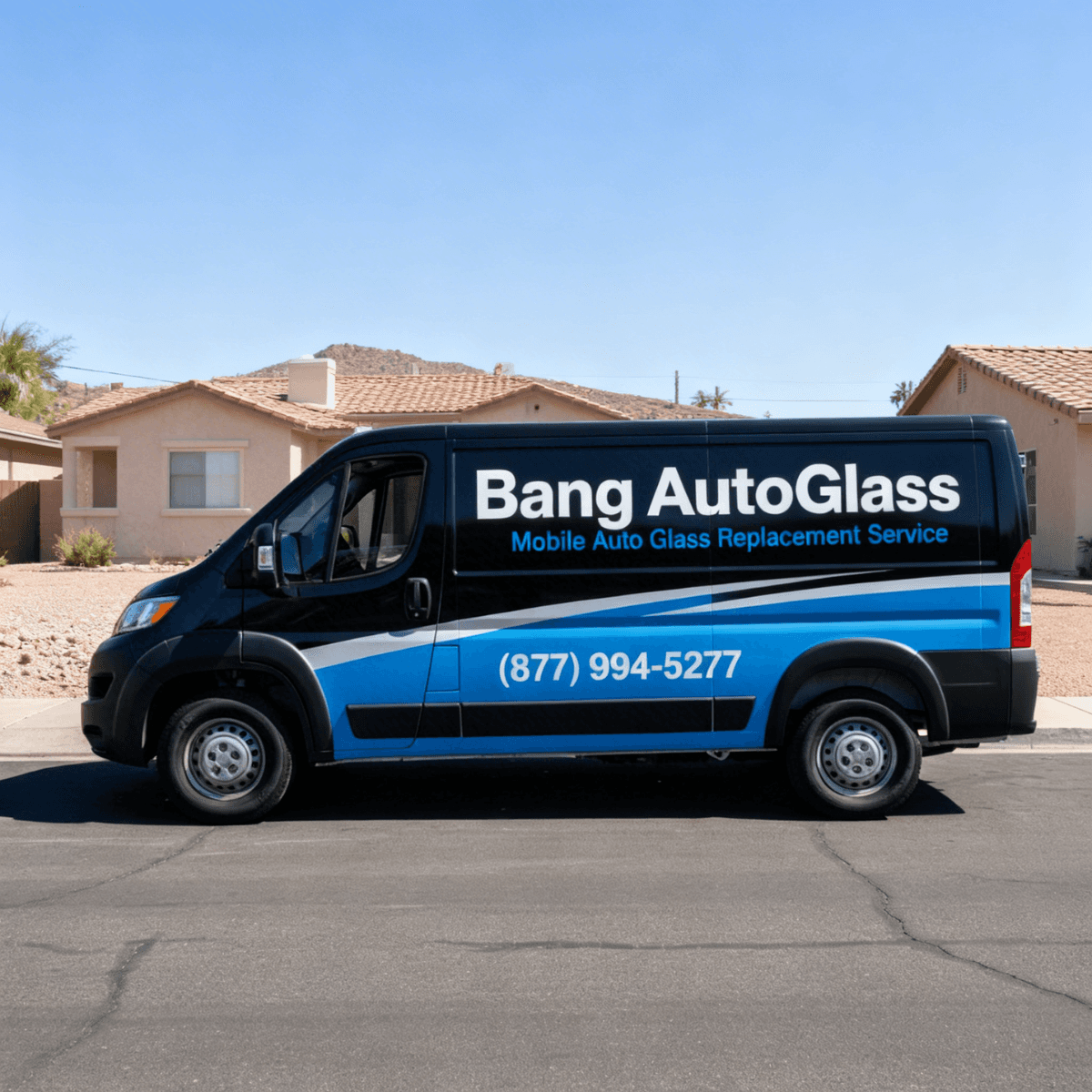 Bang AutoGlass mobile service van parked at a customer's home in Apache Junction, AZ for a windshield replacement appointment