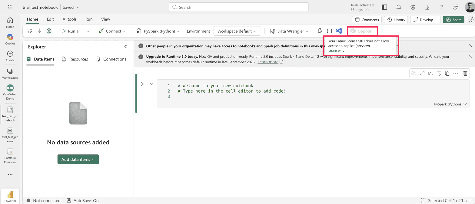 Fabric notebook ribbon with the grayed Copilot button highlighted and a tooltip reading Your Fabric license SKU does not allow access to copilot