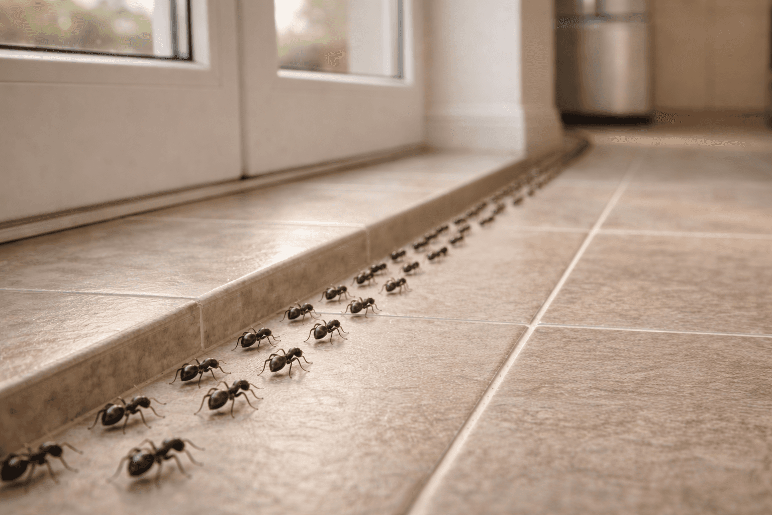 Colonne de fourmis longeant une plinthe sur un carrelage clair