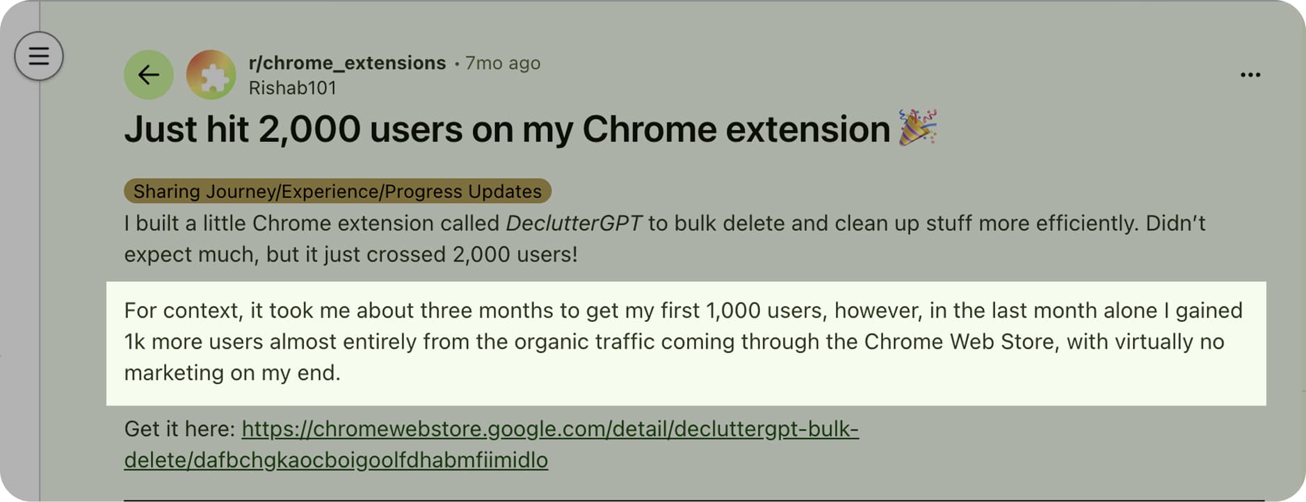 a reddit post about organic traffic from the Chrome Web Store 