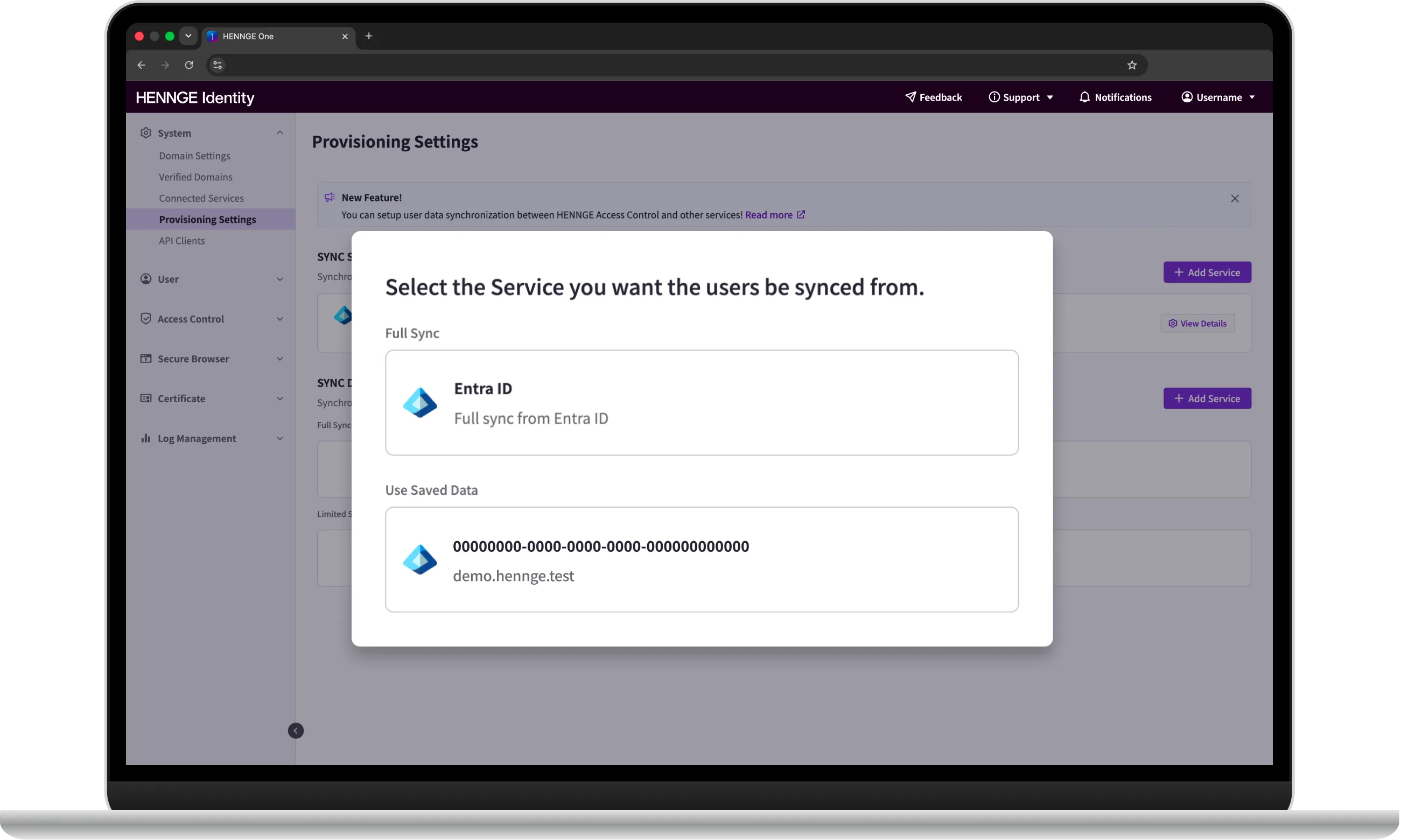 HENNGE Identity Provisioning Settings screen showing options to sync users from Entra ID or use saved data for automated user account management