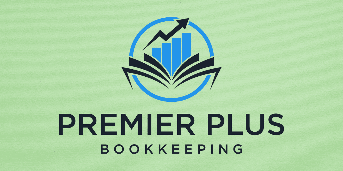 Premier Plus Bookkeeping logo features a blue upward arrow and bar graphs inside a circular emblem, with bold text.