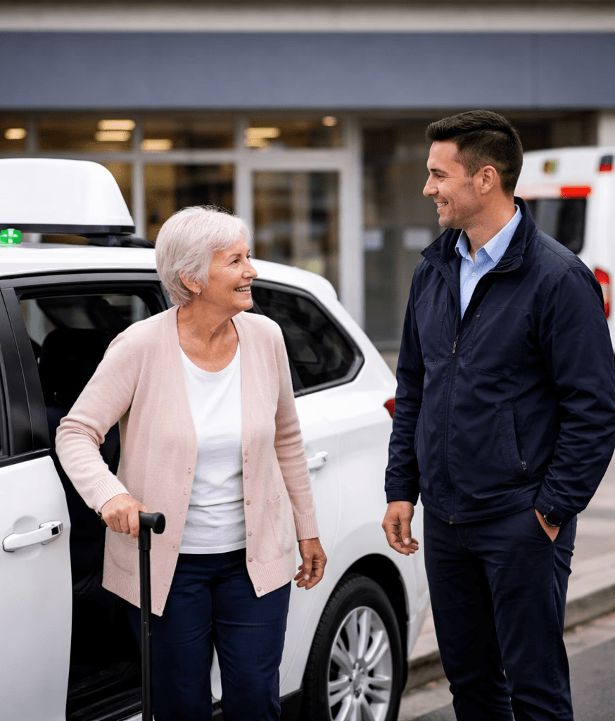 Taxi garé devant un hôpital