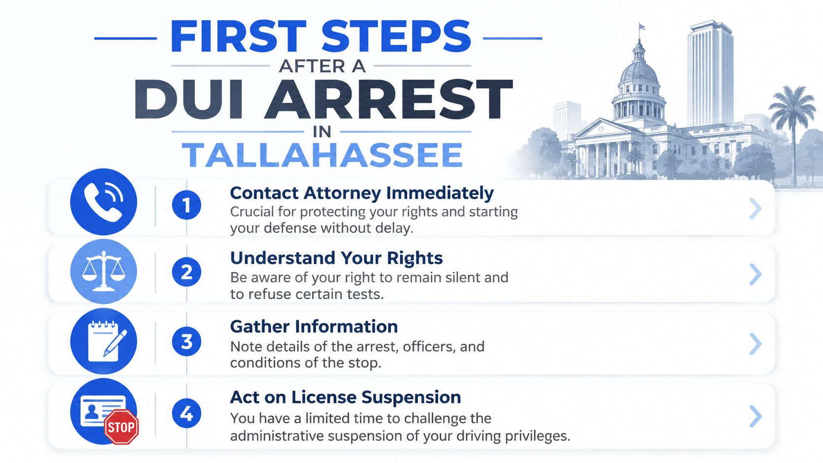 A guide listing four important steps to take following a DUI arrest in Tallahassee, Florida.