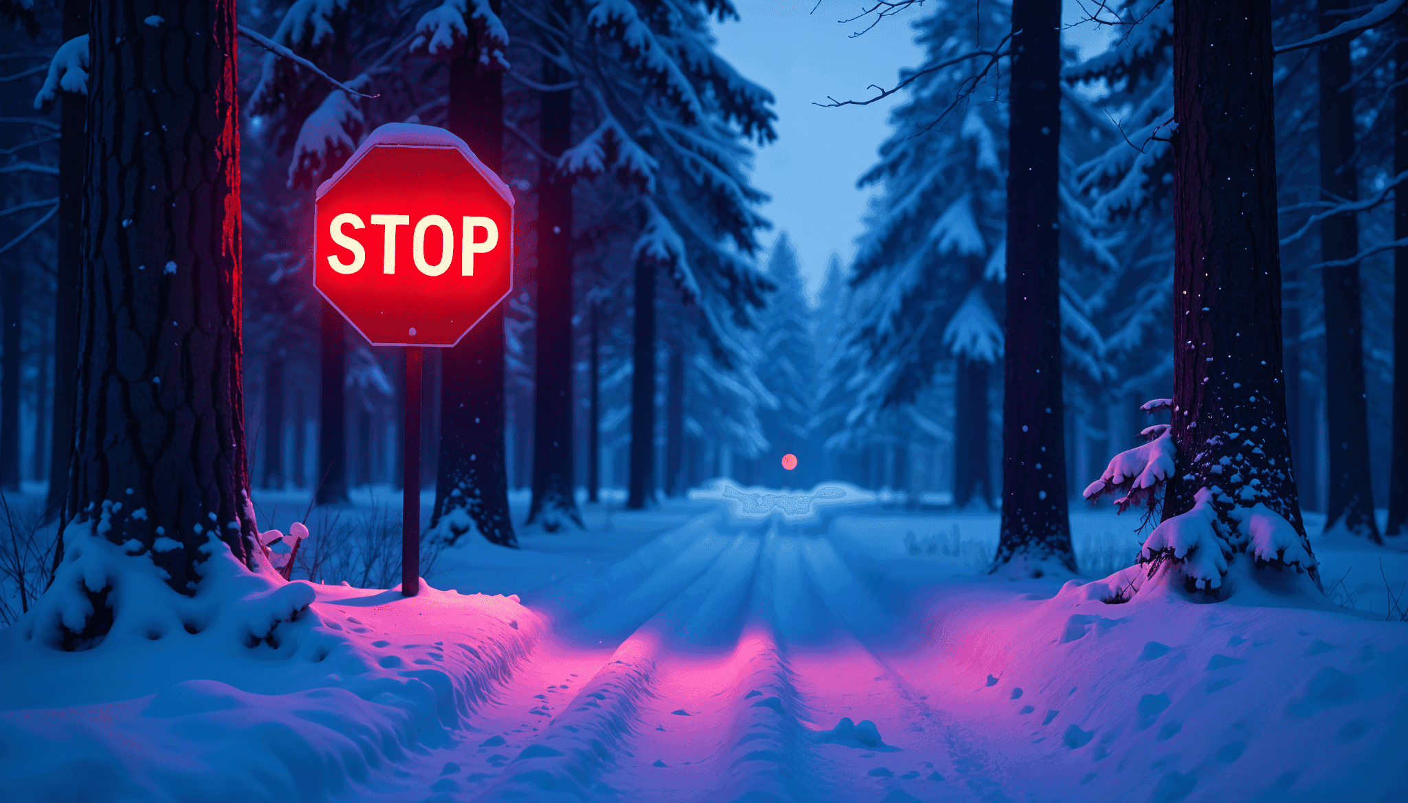 Stop signal in a forest with a road with snow scene