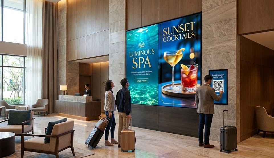 Hóspedes com malas num lobby de hotel moderno. Um casal olha para um ecrã gigante que anuncia "Luminous Spa" e "Sunset Cocktails", enquanto outro homem lê um código QR num ecrã menor usando um smartphone.
