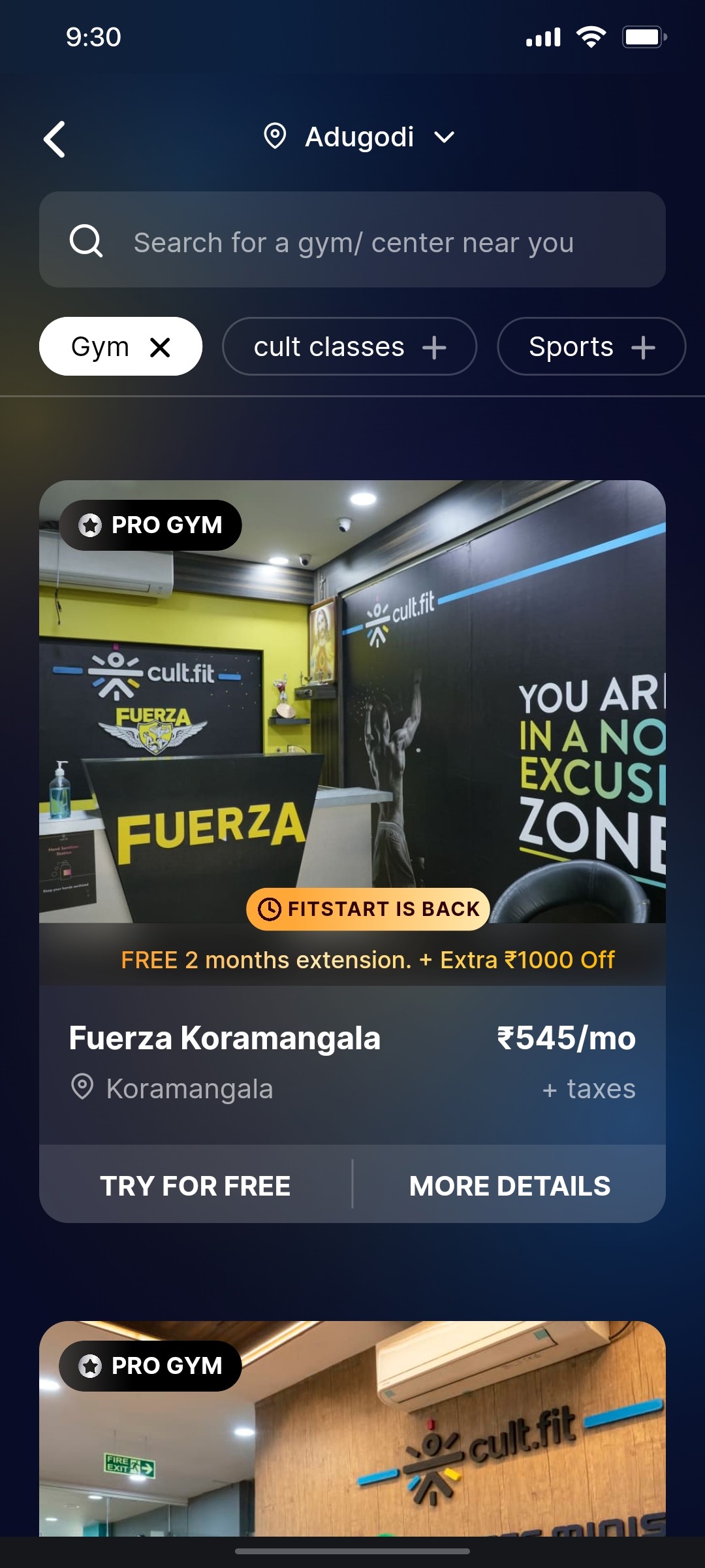 Cult.fit App Search Screen