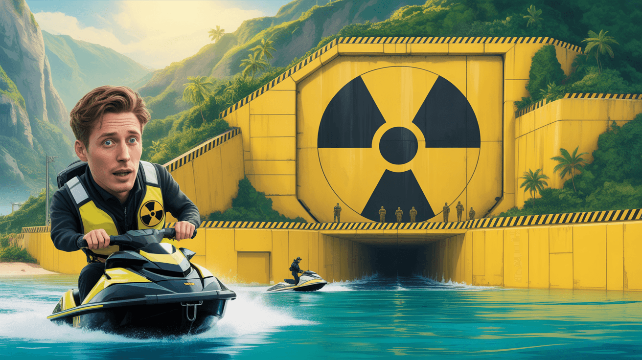 Jet ski rider approaching giant nuclear bunker door in tropical water for bunker comparison thumbnail