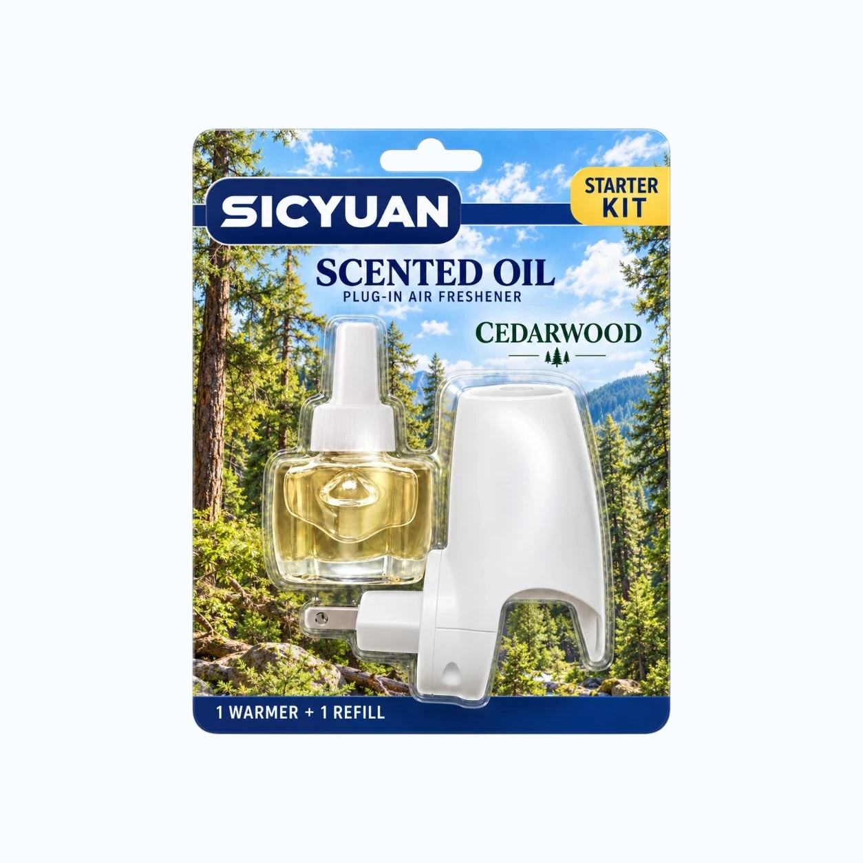 SICYUAN plug-in air freshener starter kit with one electric warmer and one scented oil refill in blister packaging.