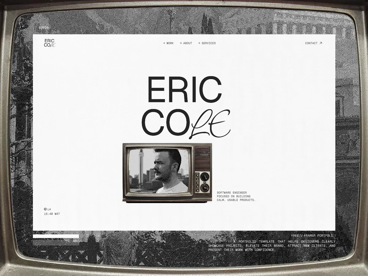 Eric Cole personal portfolio Framer template featuring a retro monochrome aesthetic, vintage television imagery, and bold typography.