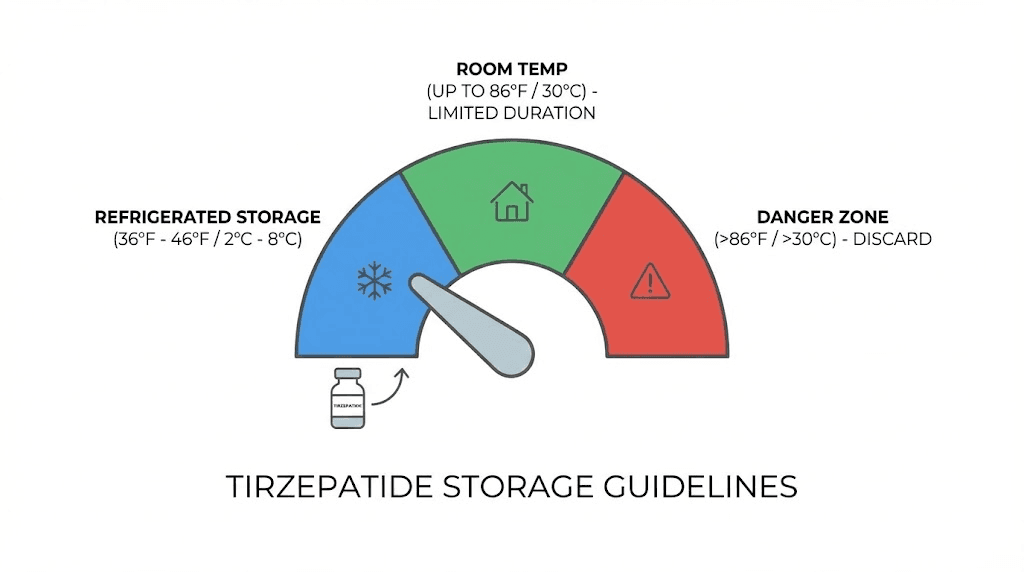 Compounded tirzepatide temperature storage zones and safety limits