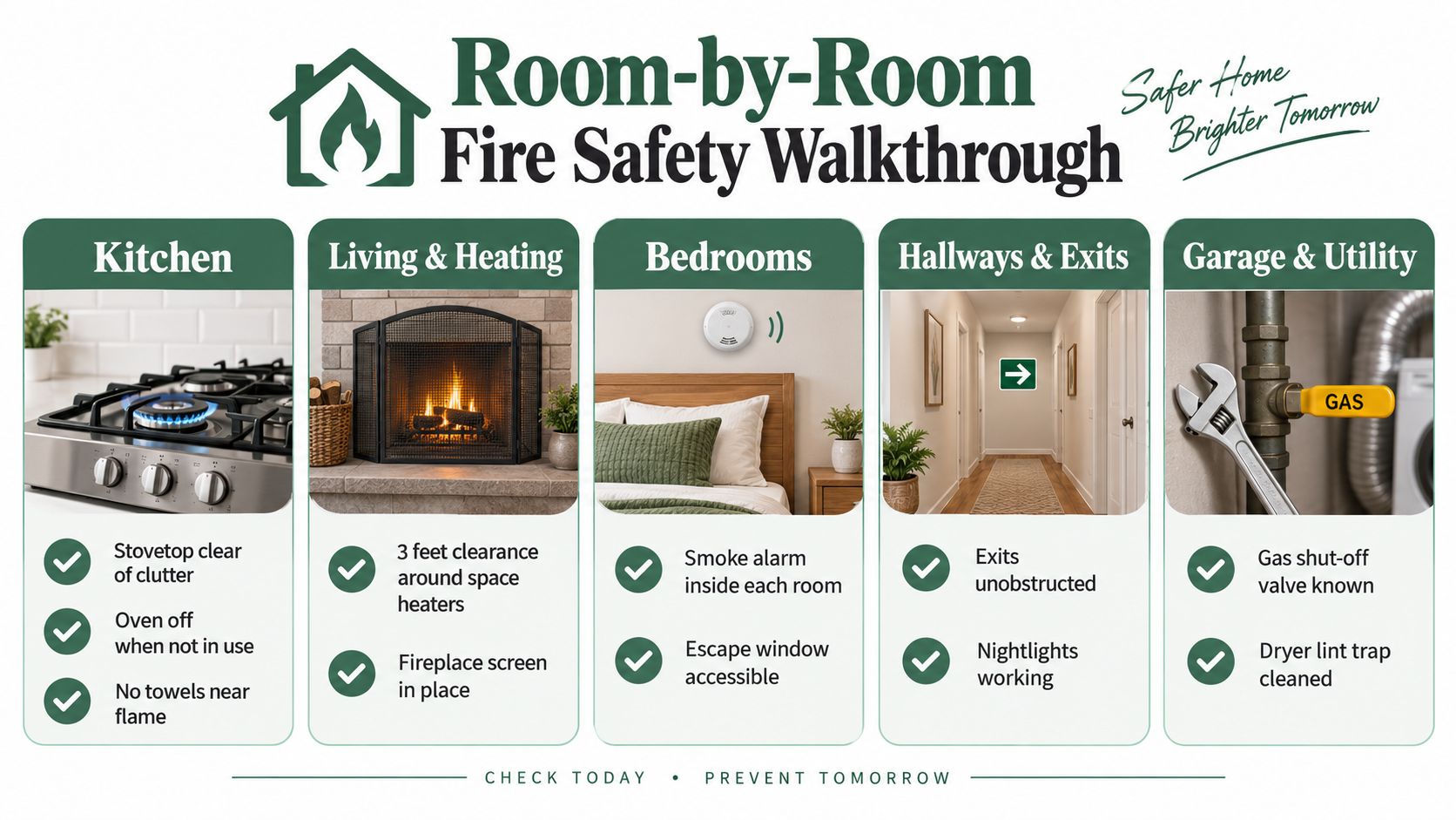 A home fire safety checklist infographic organizing essential fire prevention tips for each room in a house.