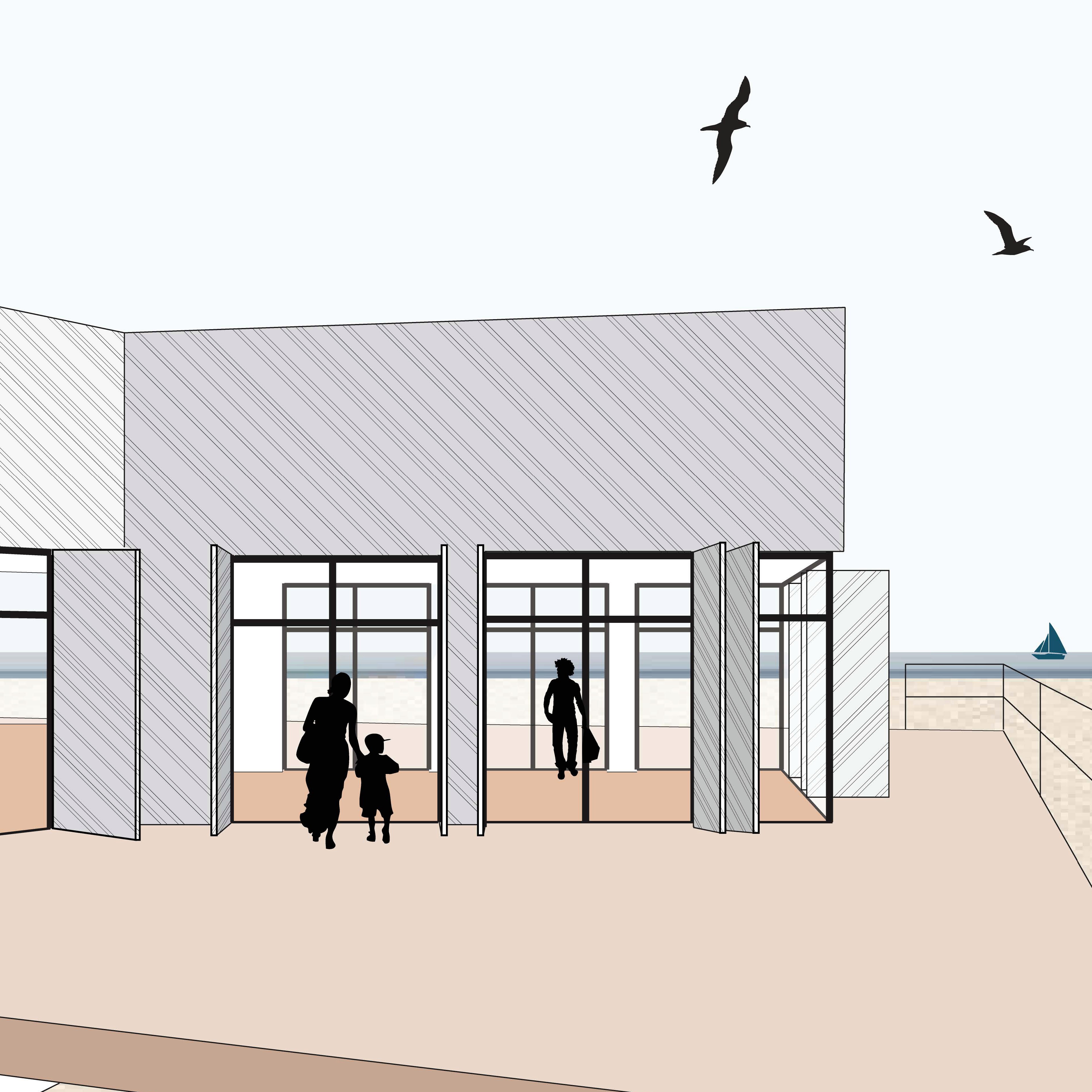 Illustration depicting design for a new beach pavilion in Scheveningen