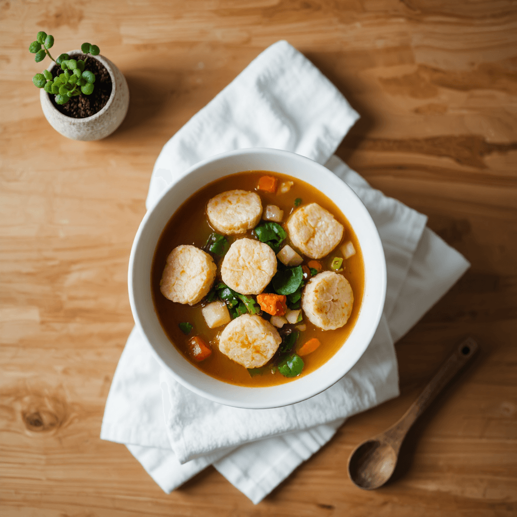 product photography of a bowl of soup with various fish cakes and ingredients