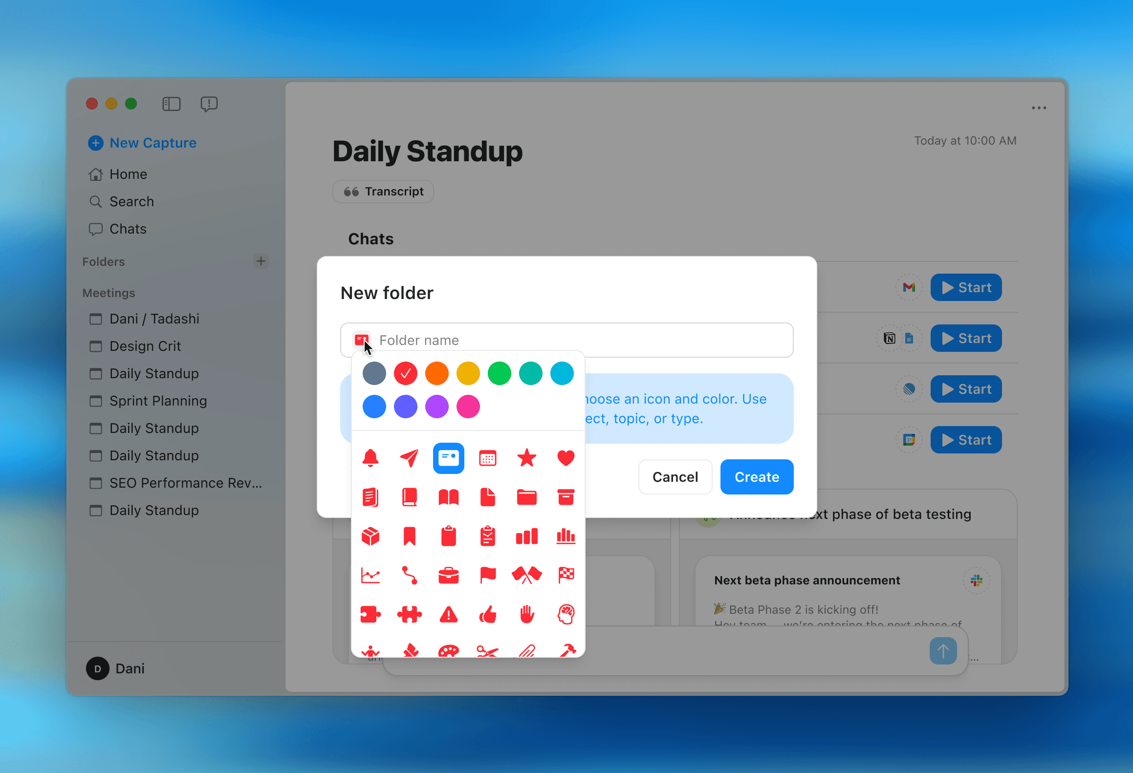 Radiant interface with a modal window titled “New folder.” The user is selecting an icon and color for the folder. The left sidebar shows existing folders and meetings, while the main panel displays tasks from a Daily Standup session.