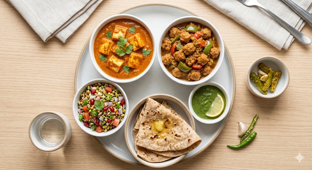 Top-down view of a high-protein vegetarian Indian meal on a light wooden table, featuring bowls of shahi paneer curry, soya chunk masala, sprouted moong salad, whole wheat rotis, mint chutney, and green chili pickles.