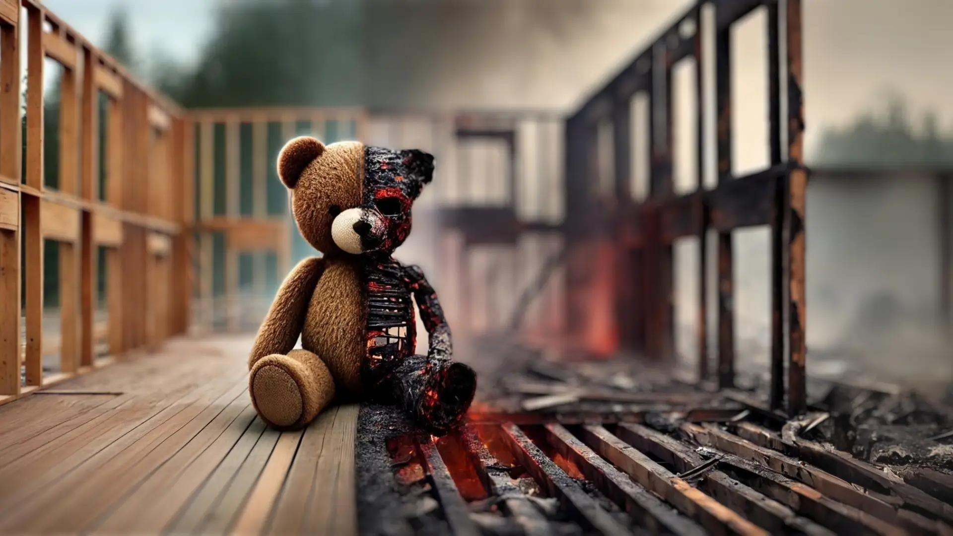 A split scene showing a teddy bear sitting inside a wood frame building. The left half of the bear and the structure is intact and protected, while the right half is severely charred and smoldering.