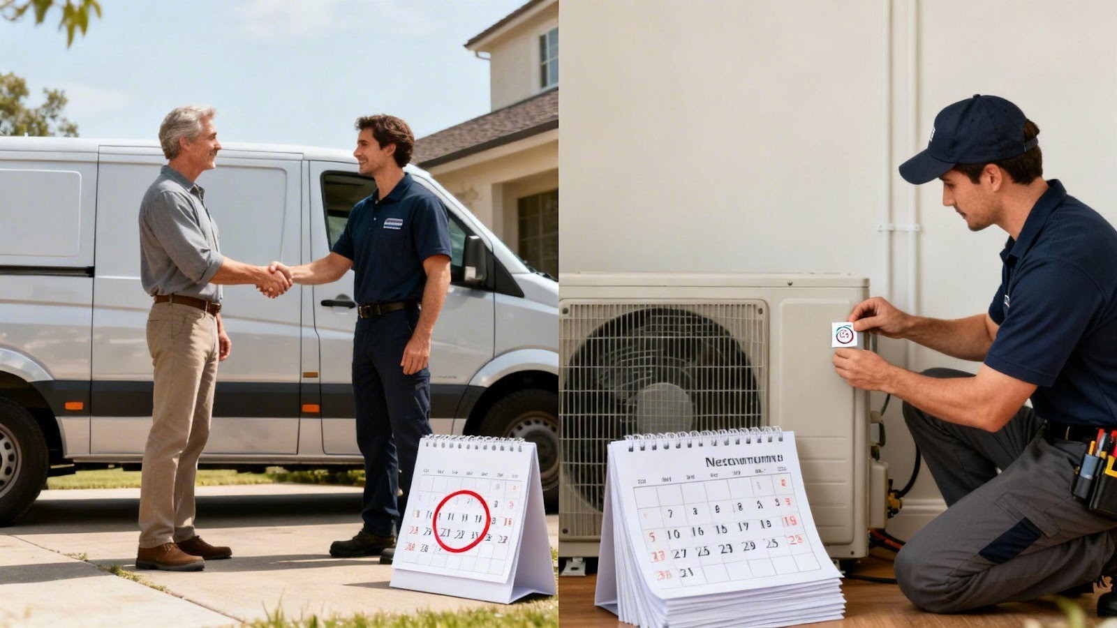 A service technician shakes hands with a customer next to a van, then works on an outdoor AC unit, installing a service sticker.