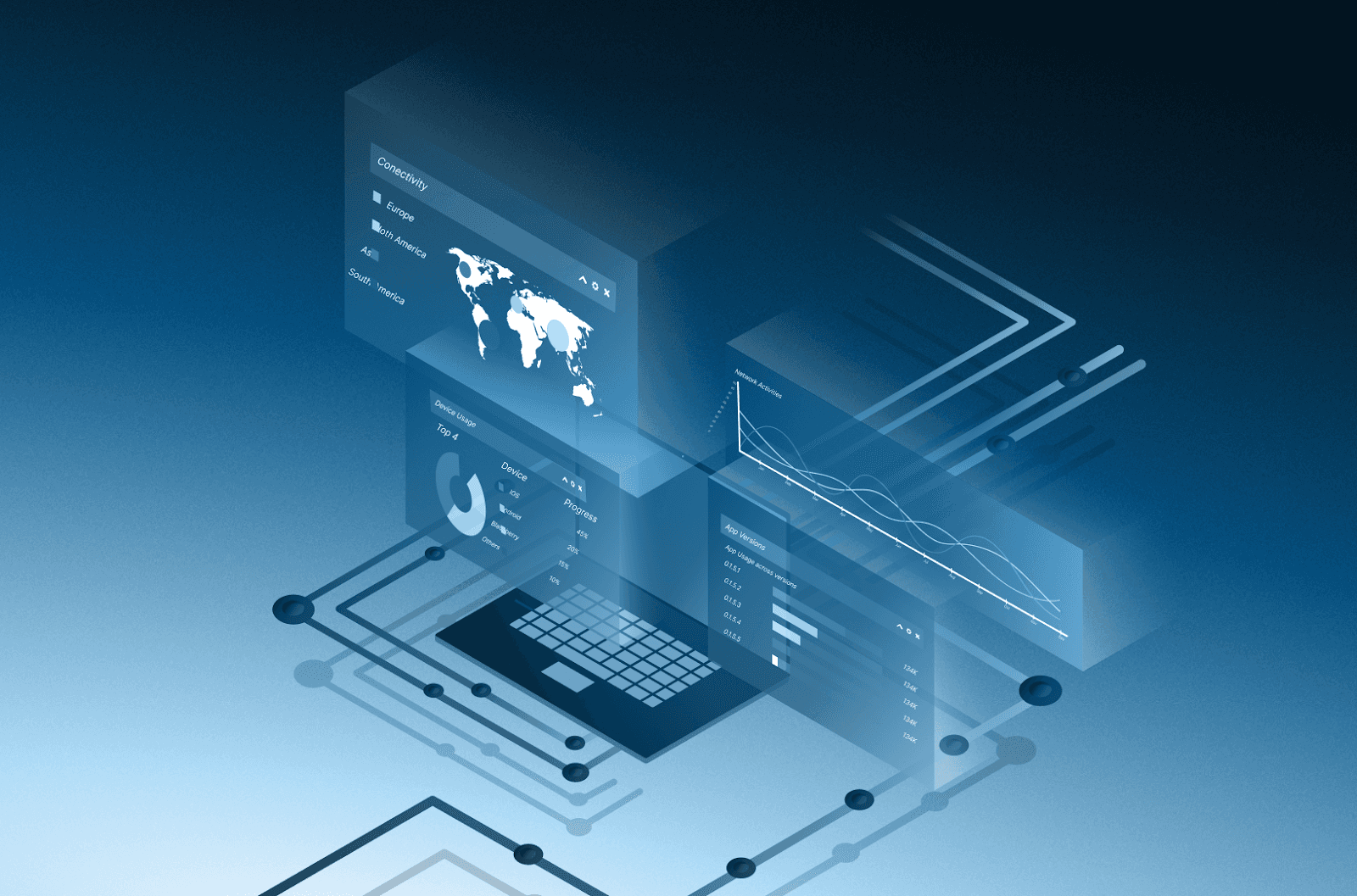 Isometrische Illustration eines Laptops mit schwebenden Datenpanels, Weltkarte und Diagrammen zum B2B-Wachstum