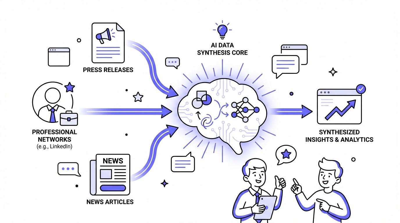 Diagram showing a central AI system processing and synthesizing data streams from multiple sources, including LinkedIn, press releases, and news articles.