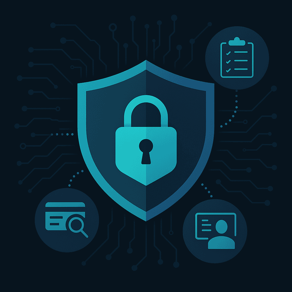 Shield and padlock with fraud, compliance and human oversight icons showing safeguards in enterprise payment recovery