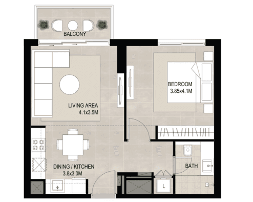 Floor plan of a one-bedroom unit at Grove, showcasing layout and dimensions of living spaces and amenities.