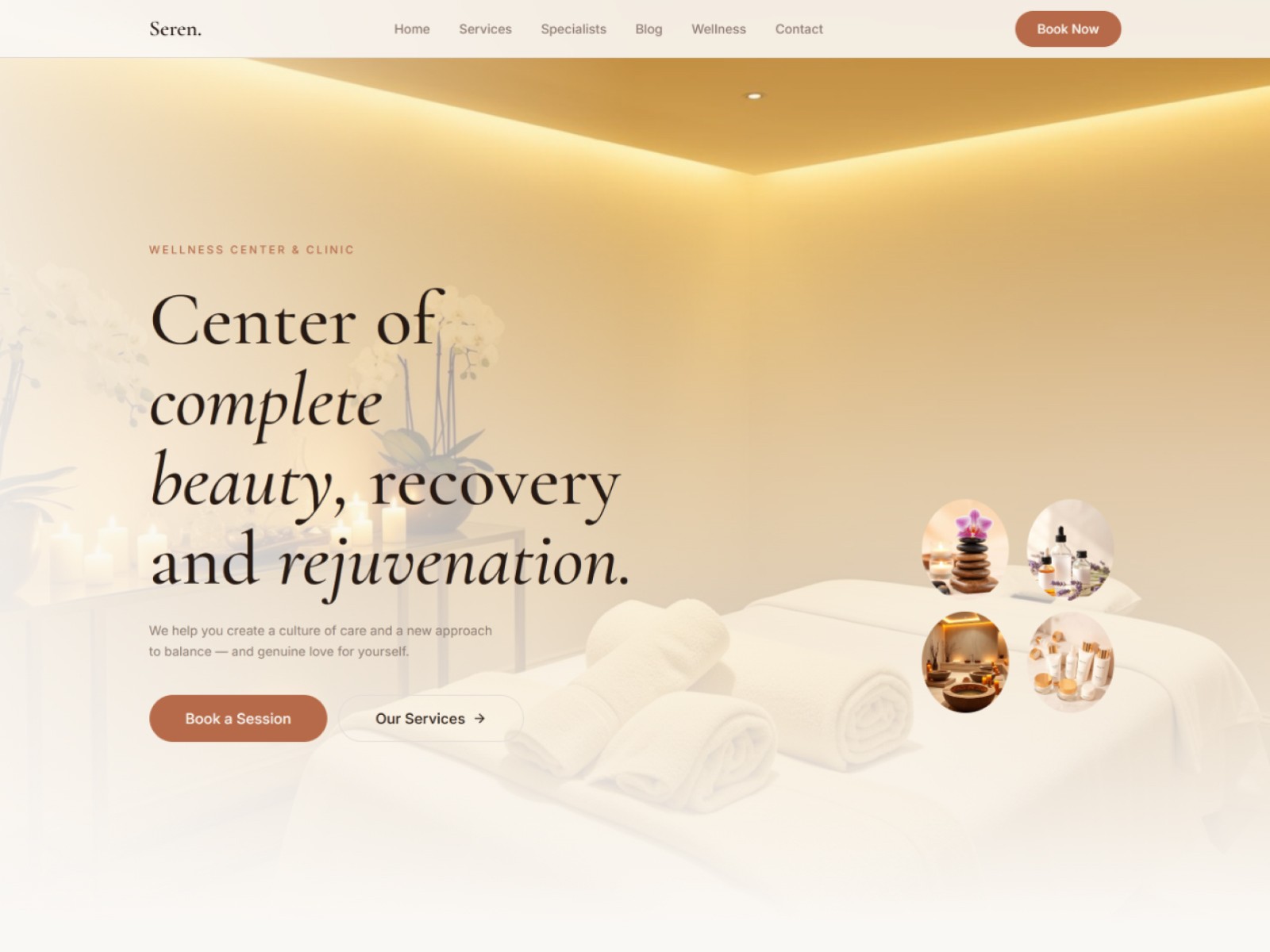 Spa Website Prompt preview — hero section with warm cream background, terracotta italic serif headline, floating oval spa photography and booking CTA button