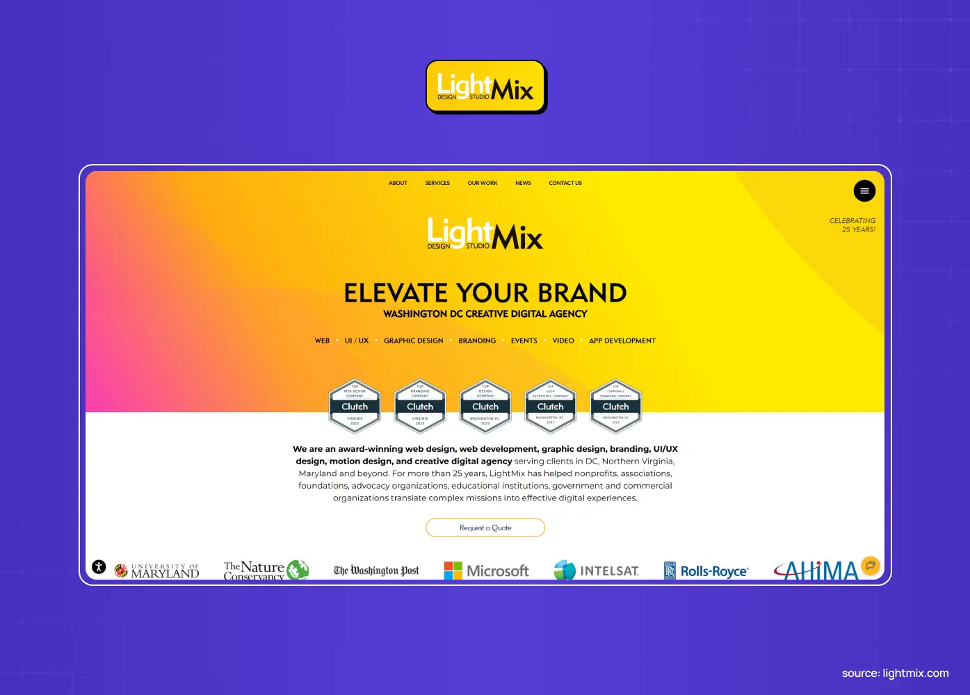 LightMix Design Studio website with a vibrant yellow and orange gradient, promoting brand elevation and creative digital services.