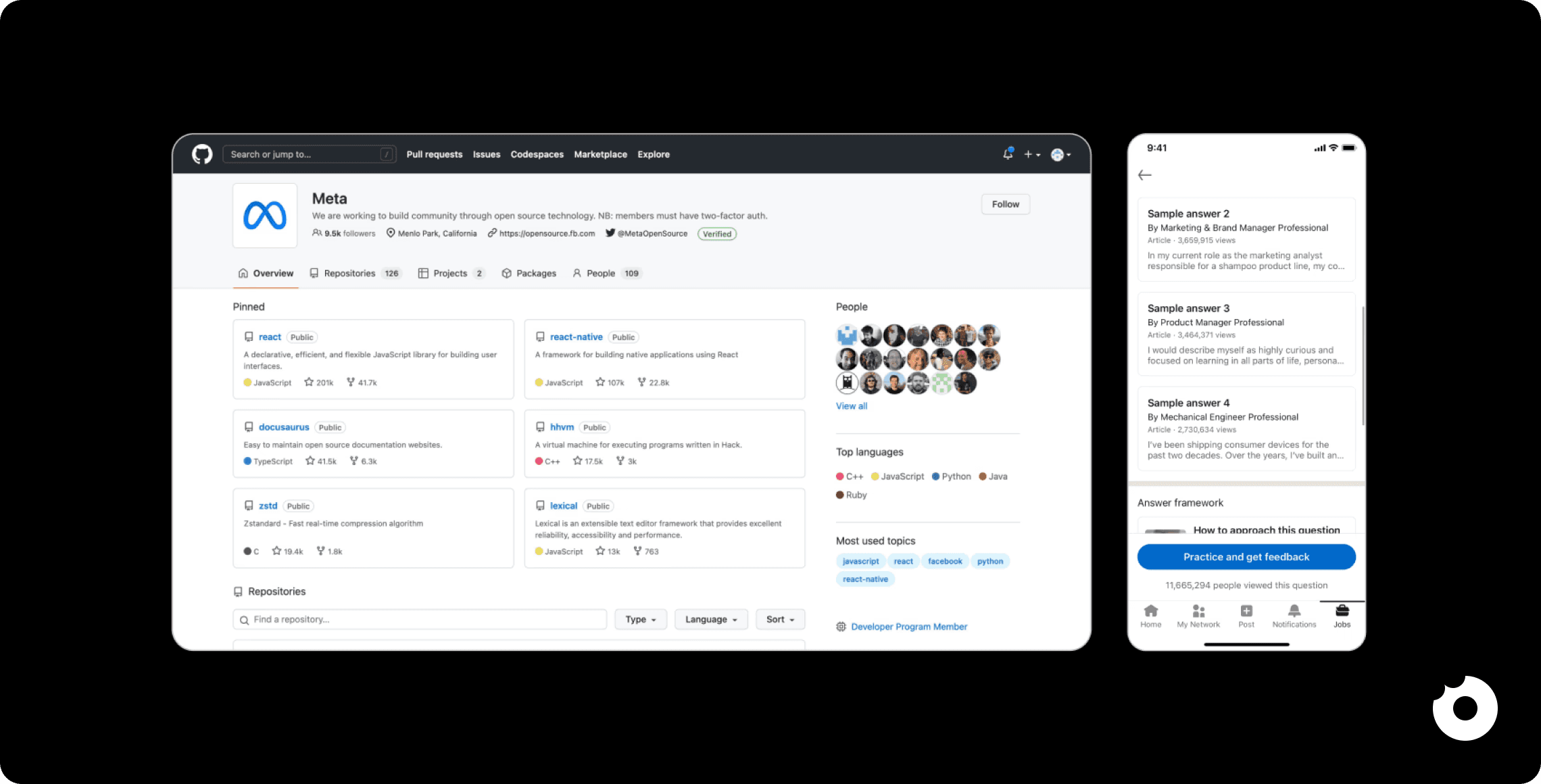 GitHub and LinkedIn use card grids for repository listings