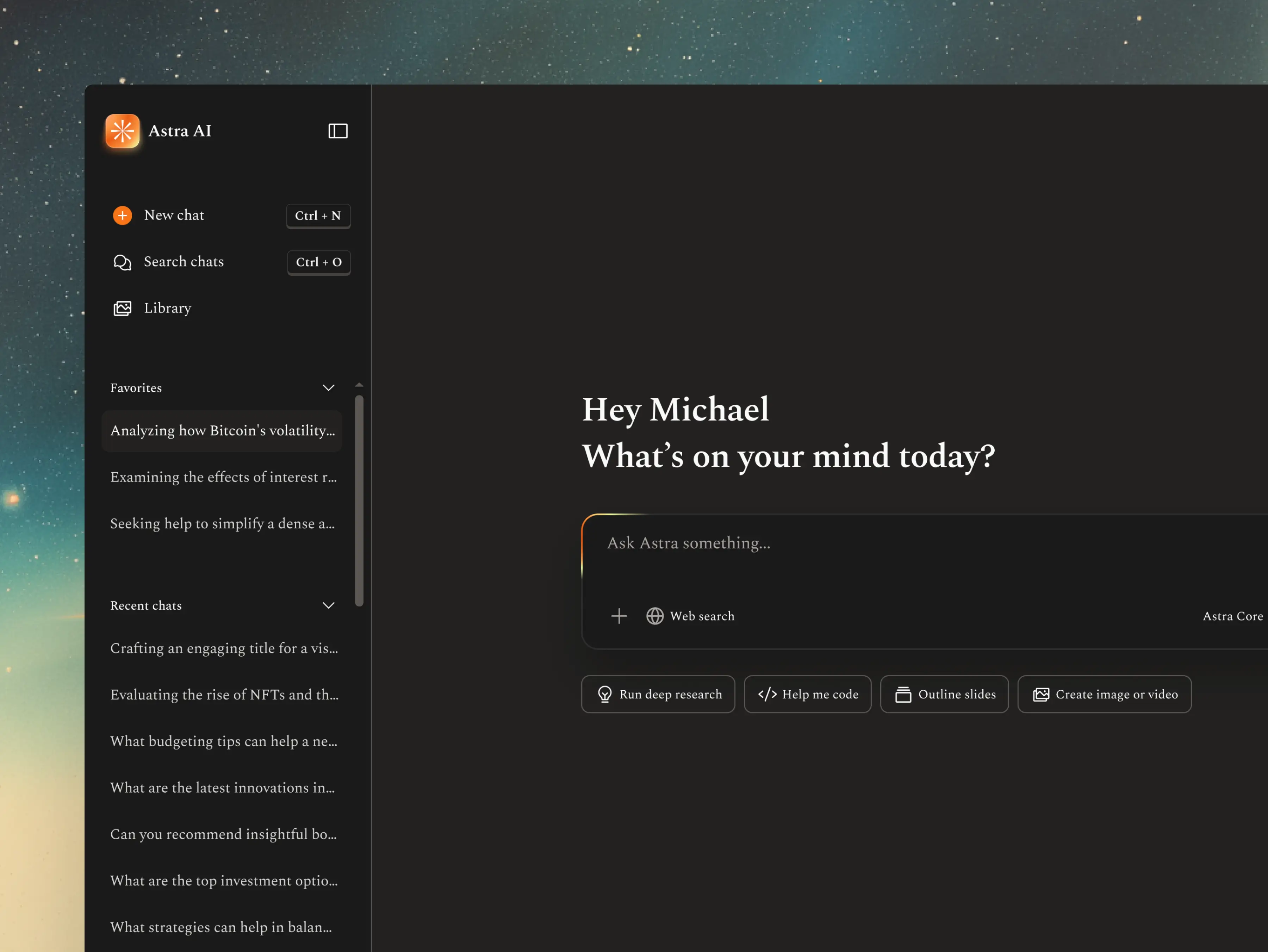 Exploration - Astra AI dashboard home page