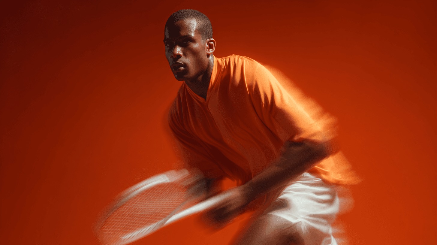 orange red white man playing tennis