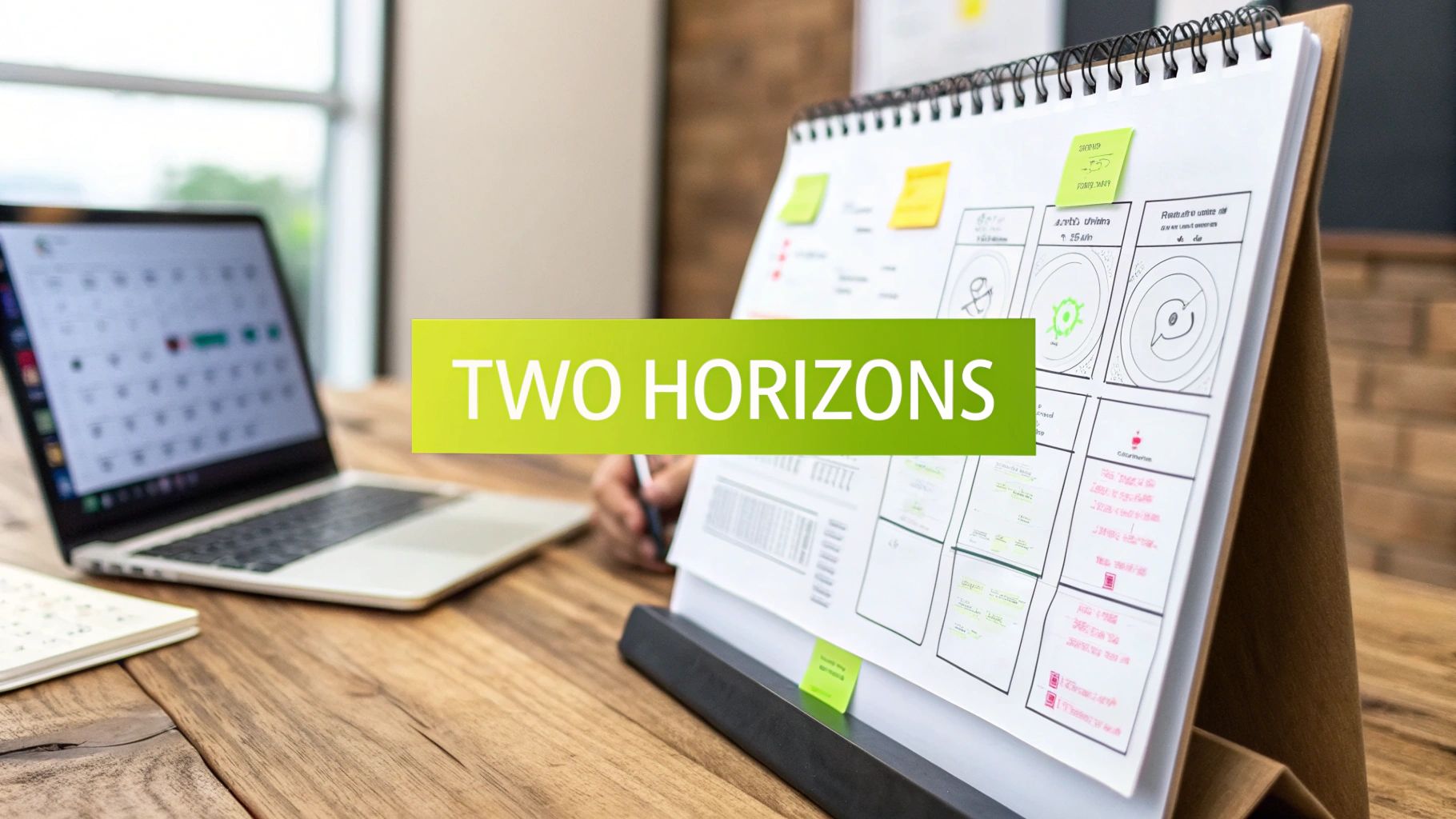 A person writes on a desk calendar with a laptop showing a calendar on a wooden desk, symbolizing planning.